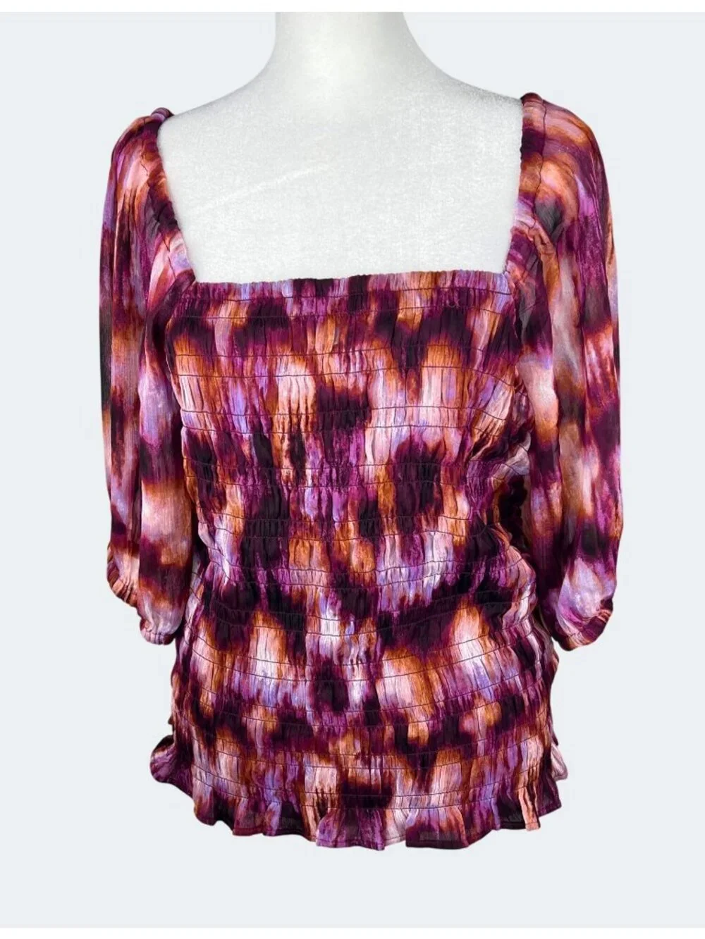Old Navy Womens Tall Smocked Puff-Sleeve Top Tie-Dye Print L
